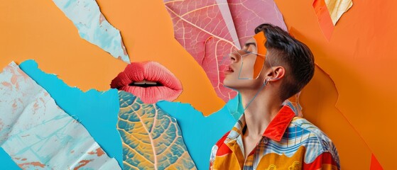 An abstract abstract art collage of a young man with a mouth and lips composed of a female (or male) head on top of a bright abstract background. The image is of a party, funny mood. The design is