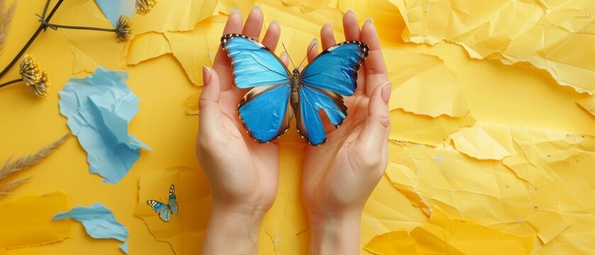 A blue butterfly is caught by human hands on a pastel yellow background. Copy space for an ad or text is included. Conceptual, contemporary, bright art collage. Retro styled, surrealist, fashionable.