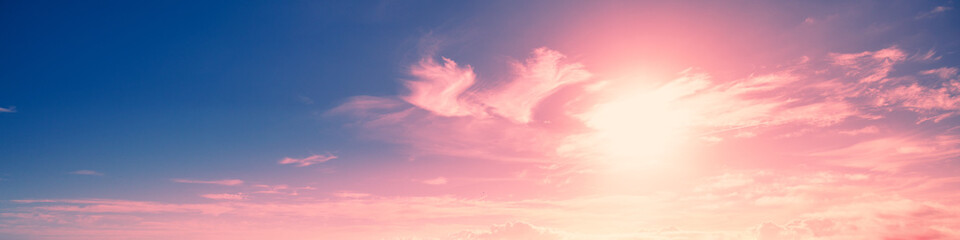 Cloudy sky at sunset. Cloudy sky background. Horizontal banner - 766305665