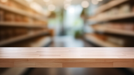 Smooth Wooden Counter with Blurry Aisle of Supermarket in Background