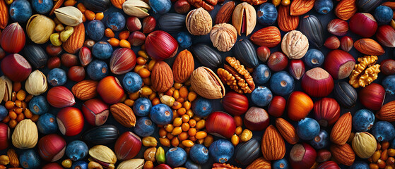 Nut and seed assortment closeup healthy fats and proteins Stylish in the style of vibrant dot Digital art - obrazy, fototapety, plakaty