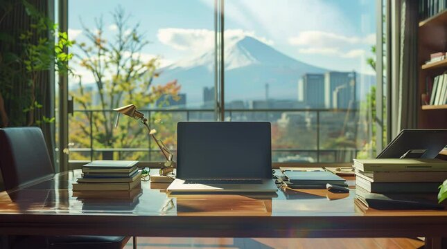 Modern laptop placed by a window, offering a breathtaking view of majestic mountains.
  Seamless looping 4k time-lapse virtual video animation background. Generated AI