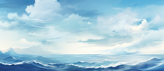 Serene painting depicting a vast blue ocean with a majestic mountain in the background