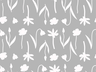 Seamless flower pattern (among them: Muscari and Galanthus (Snowdrop flower)). Straight linear structure. Shade of gray and white colors. Flat vector illustration.