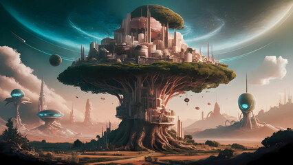 A city built on a giant tree, retro futuristic civilization, city built vertically, sci fi, alien technology, harmony with nature - obrazy, fototapety, plakaty