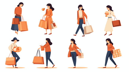 Fototapeta na wymiar Shopping bags and women and baby Flat vector isolated