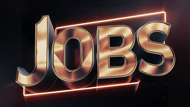 sign spelling “JOBS” with glowing outline, dark background, letters metallic and reflective, sense of modernity and urgency