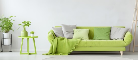 A detailed view of a vibrant green couch adorned with pillows next to a matching green table