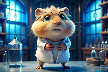 Animated scientist character in a lab setting - A humorous animated scientist character with exaggerated features in a laboratory with potions and books