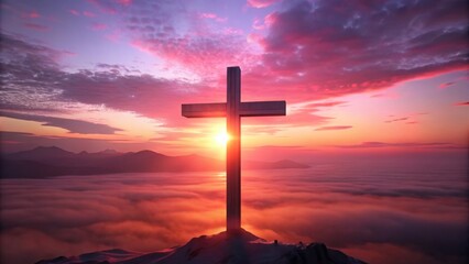 Christian cross glowing with sunrise over mountains - A peaceful scene with a Christian cross illuminated by the sunrise, set against cloudy mountains reflecting tranquility and renewal - obrazy, fototapety, plakaty