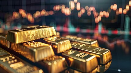 3D illustration of gold ingots over black background with a chart. Financial concept, horizontal image. gold market investment. Risk Management. - obrazy, fototapety, plakaty