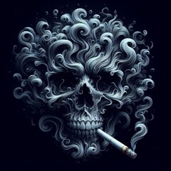 Smoke shaping a skull with a lit cigarette - A haunting visual metaphor where billowing smoke from a lit cigarette emerges as a skull, alluding to death and addiction - obrazy, fototapety, plakaty