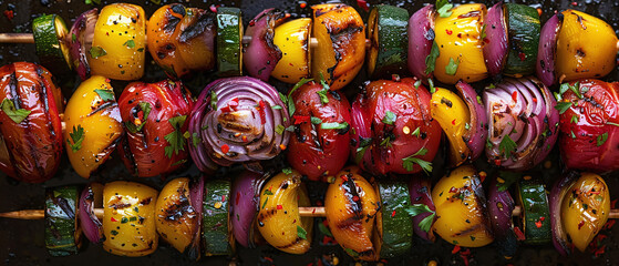 Grilled vegetable skewers closeup smoky and savory Stylish in the style of vibrant dot Digital art - obrazy, fototapety, plakaty