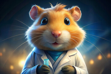 Illustration of a guinea pig scientist holding a flask - A cute guinea pig in a lab coat holding a vial, with a twinkling light background, depicting a small animal as a scientist - obrazy, fototapety, plakaty