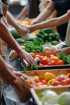 Group of people volunteering at a local food bank. They sort and distribute food items to refugees, homeless individuals, and underprivileged, demonstrating solidarity and care for those in need. 