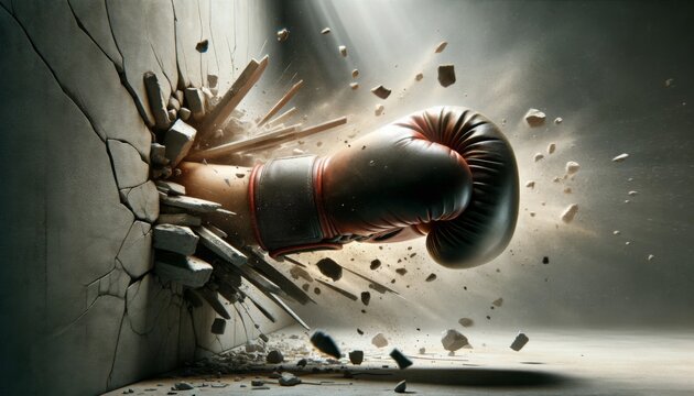 Boxing glove smashing through concrete - Dramatic image of a black boxing glove breaking through a concrete barrier signifying victory
