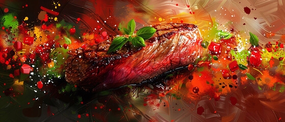 Gourmet steak closeup culinary perfection savory delight Stylish in the style of vibrant dot Digital art - obrazy, fototapety, plakaty