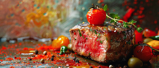Gourmet steak closeup culinary perfection savory delight Stylish in the style of vibrant dot Digital art - obrazy, fototapety, plakaty