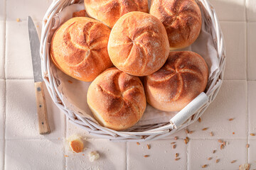 Tasty and homemade kaiser buns baked in a bakehouse. - 766307276
