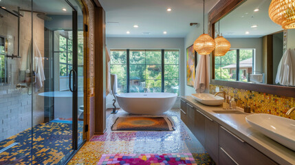A retro-modern bathroom with colorful mosaic tile flooring, a sunken bathtub, and a funky pendant light fixture for a playful yet stylish aesthetic - obrazy, fototapety, plakaty