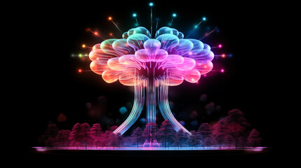 Futuristic nuclear explosion, future, war, neon colors, dark background created with technology