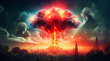 Nuclear War. Explosion nuclear bomb. Nuclear bomb explosion in nuclear war. Explosion of a nuclear bomb with a mushroom cloud. Nuclear war apocalypse concept