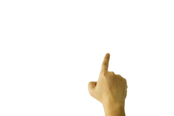 The index finger of a male hand is extended, pointing towards a particular target or object, drawing attention to its importance or relevance