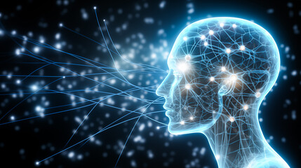 Brain with artificial intelligence connected to technology with circuits and cables. Artificial Intelligence Technology

