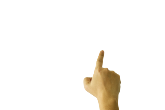 The index finger of a male hand is extended, pointing towards a particular target or object, drawing attention to its importance or relevance