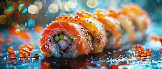 Fresh sushi closeup culinary precision Japanese authenticity Stylish in the style of vibrant dot Digital art