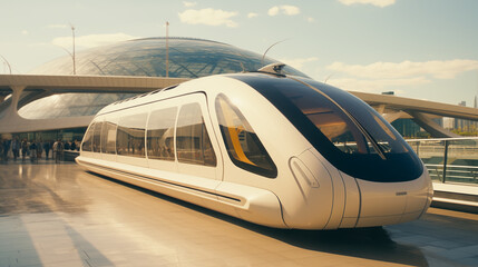 Train moving swiftly through the city, carrying passengers on its tracks and platforms, amidst the bustling transportation network, showcasing the vibrancy of urban travel