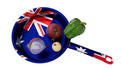 Australian Themed Cooking Setup with Fresh Produce on Flag-Inspired Frying Pan - 766308086
