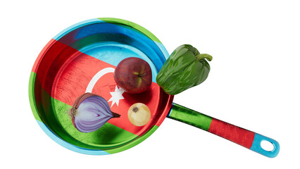 Azerbaijani Culinary Preparation Featuring Vibrant Produce on Flag-Inspired Cookware - 766308093