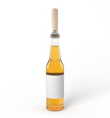 Yellow beer bottle upright with wooden opener