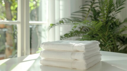 Fototapeta na wymiar Stacked White Towels in Sunlit Room