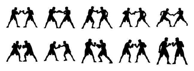 Boxer fight silhouettes set, large pack of vector silhouette design, isolated white background.