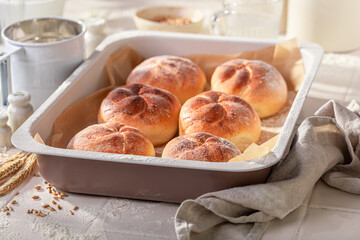 Healthy and hot kaiser rolls baked fresh in the bakery. - 766308669