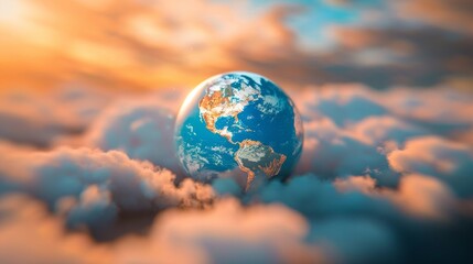 Obraz na płótnie Canvas Floating Earth Globe Above Fluffy Clouds at Sunset
