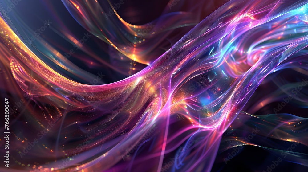 Poster with a dark background and iridescent colors refracting through a 3d glass texture, this abstract de