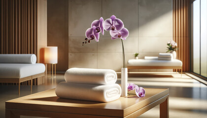 Spa Wellness Setting with Rolled White Towels and Purple Orchids on Wooden Table