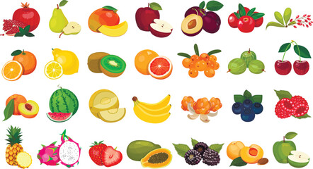 Set of berries and fruits, vegetables on a white background. Vector icon	
