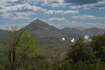landscape, view, radio telescope, mountains, plants, trees, devi