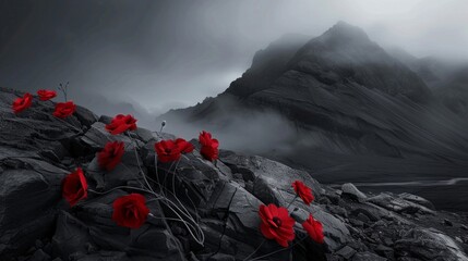Vivid Red Poppies on Monochrome Mountain