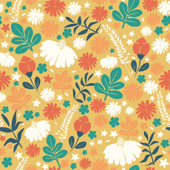 Vector illustration. Seamless floral pattern on a yellow background, flowers, leaves. Ditsy floral pattern, field of flowers, print for fabric, textile, wallpaper, clothing, packaging