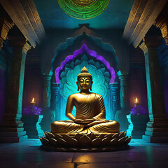 vector illustration, buddha statue in lotus position in an ancient temple, background for meditation and relaxation, background for smartphone, print, design,