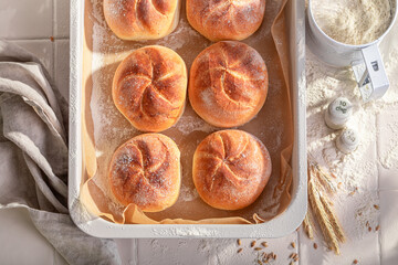 Tasty and homemade kaiser buns in rustic bakehouse. - 766309875