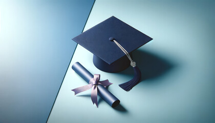 Elegant Navy Graduation Cap and Diploma with Silver Tassel on Cyan Backdrop