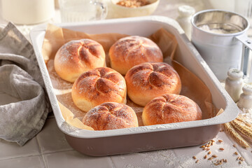 Healthy and hot kaiser rolls for perfect and healthy breakfast. - 766310447