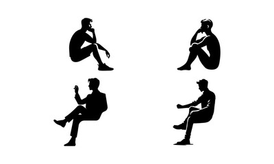 seated man detailed sihouettes or vector set, black and white