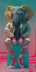 Giant elephant, an animal athlete in modern clothes. Anthropomorphic concept, 3d, background image for mobile phone, ios Android, banner for instagram stories vertical wallpaper